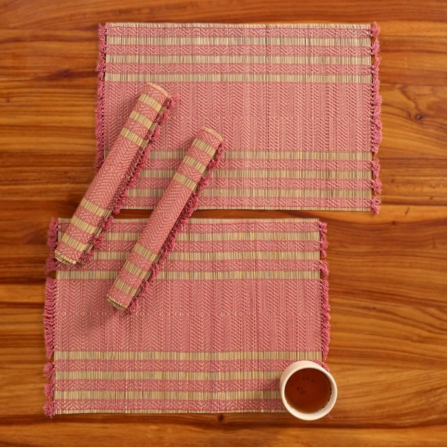 Handmade Dining Table Mats Set of 4_ Natural Grass Dinner Placemats for Dining Table _ Heat Resistant _ Non Slippery _ 12x18 inches (4Placemats,Blush Pink and Beige)