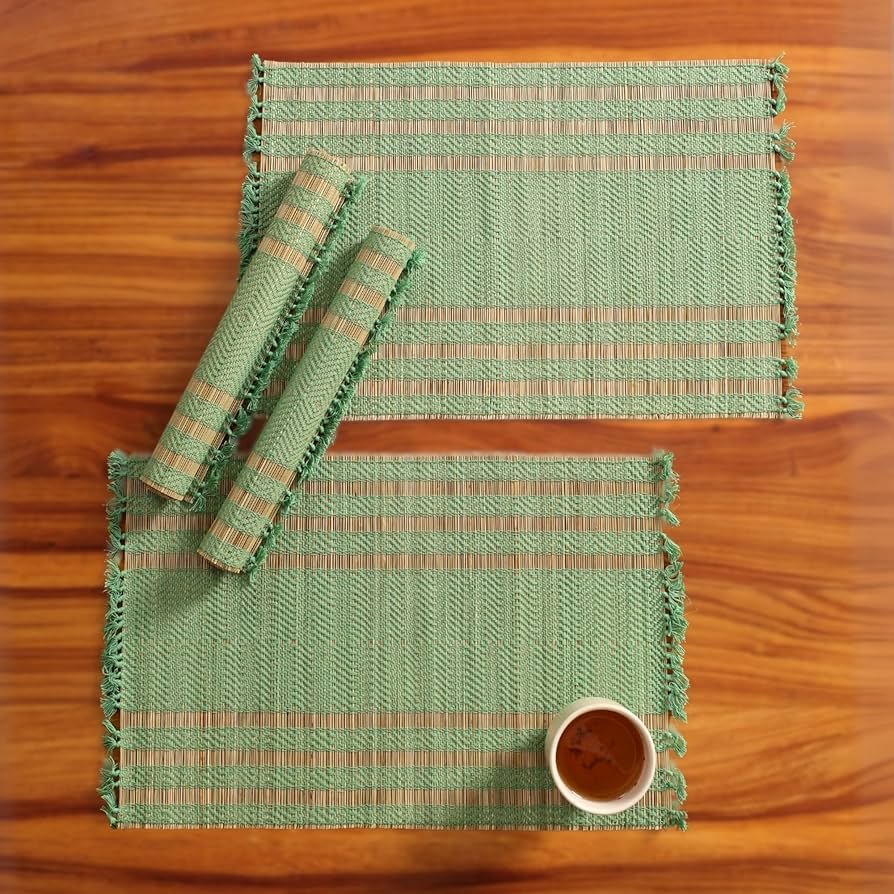 Handmade Dining Table Mats Set of 4_ Natural Grass Dinner Placemats for Dining Table _ Heat Resistant _ Non Slippery _ 12x18 inches (4Placemats,Aqua Green and Beige)