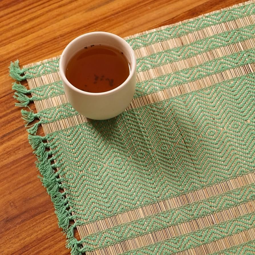 Handmade Dining Table Mats Set of 4_ Natural Grass Dinner Placemats for Dining Table _ Heat Resistant _ Non Slippery _ 12x18 inches (4Placemats,Aqua Green and Beige)