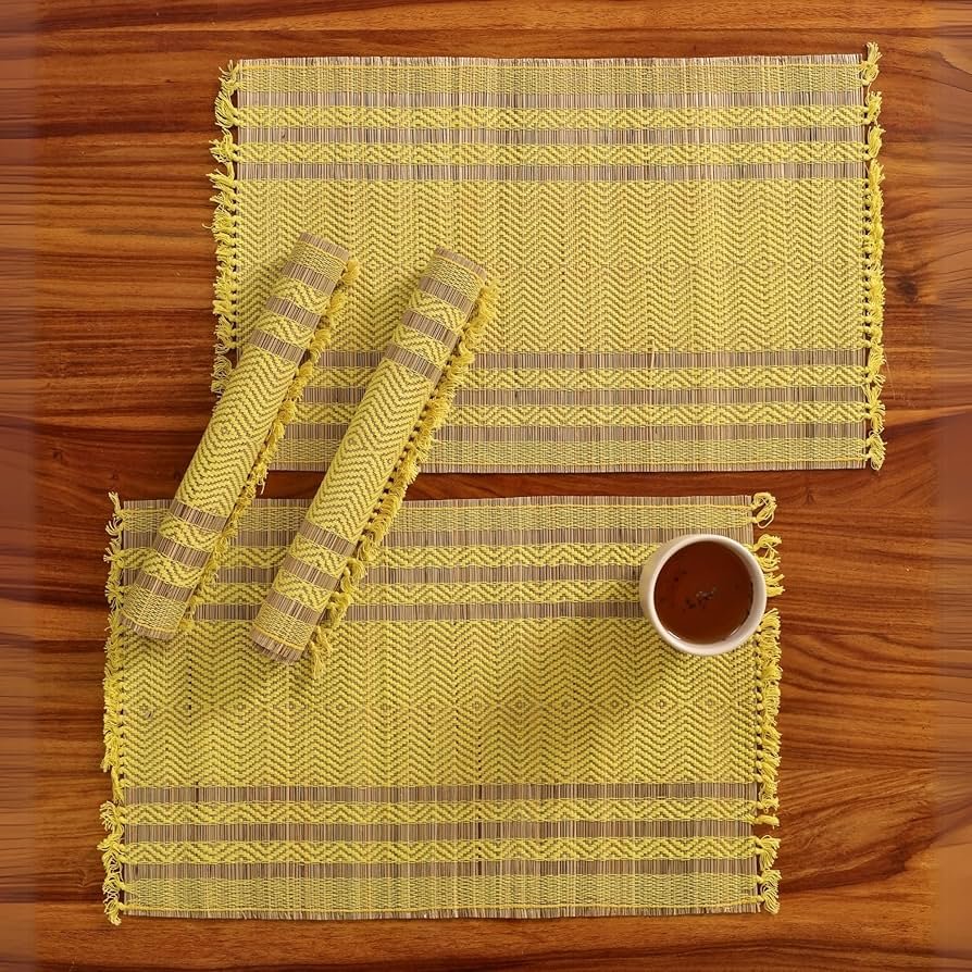 Handmade Dining Table Mats Set of 4_ Natural Grass Dinner Placemats for Dining Table _ Heat Resistant _ Non Slippery _ 12x18 inches (4Placemats,Lemon Yellow and Purple)