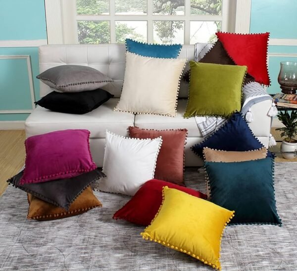 Velvet Pompom Cushion Cover 16x16 Inch - Set of 2 Large Square Throw Pillow Covers for Sofa Living Room or Home Decor in Wine Color