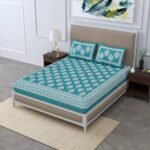 Cotton Printed Jaipuri Bedsheet Double Bed with 2 Pillow Covers, Sea Green, 144-200 tc