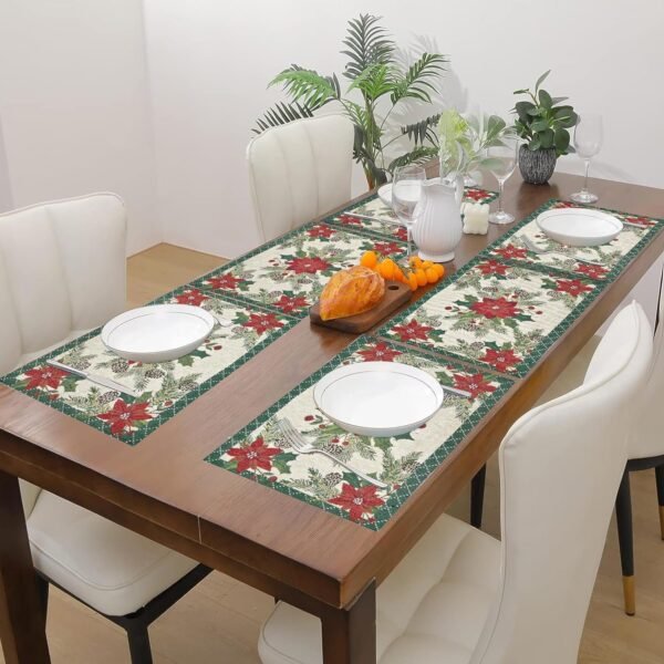 Cotton Red Flower Green Border Christmas Design Rectangular Dining Table Mat with Runner Red & White (Set of 6+180 cm Runner) _