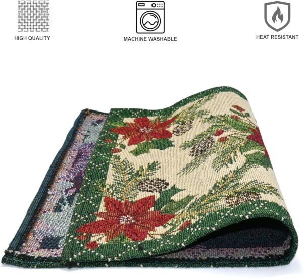 Cotton Red Flower Green Border Christmas Design Rectangular Dining Table Mat with Runner Red & White (Set of 6+180 cm Runner) _
