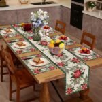 Cotton Red Flower Green Border Christmas Design Rectangular Dining Table Mat with Runner Red & White (Set of 6+180 cm Runner) _