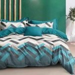240TC Satin Finish, Microfiber Double Bed bedsheet, 225X250cm with 2 Pillow Covers, Cyan Blue & White Geometric