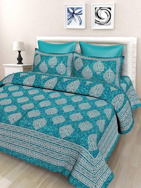Cotton Printed Jaipuri Bedsheet Double Bed with 2 Pillow Covers, Sea Green, 144-200 tc