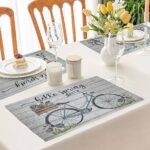 Hello Spring Bicycle Eco-Friendly Cotton Dining Table mats – Reusable, Machine Washable, Everyday Use Blue & White Rectangular Placemats, Set of 4 (33x47 cm)