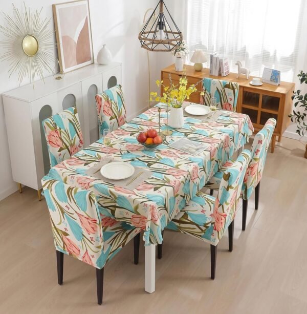 Dining Chair Cover with Table Covers , Waterproof Dining Table Cloth (Poppy, 1 Table Cover + 6 Chair Cover)
