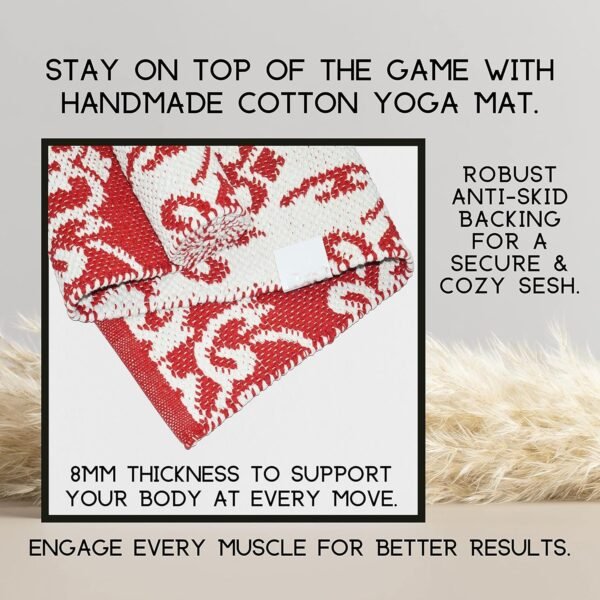 Premium Cotton Yoga Mat for Women & Men Organic Cotton sturdy Non-Slip Backing with Carry Bag & Strap 8mm Thick extra large for Home & Gym workout RED