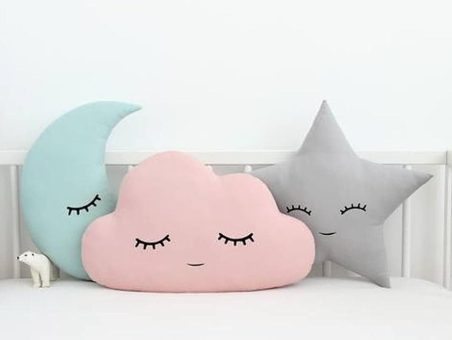 Velvet Cushion Set of 3 (16x16 Inch) ? Cloud, Moon & Star Shapes | Pink Blue Grey, Polyester Filled Bed Pillows