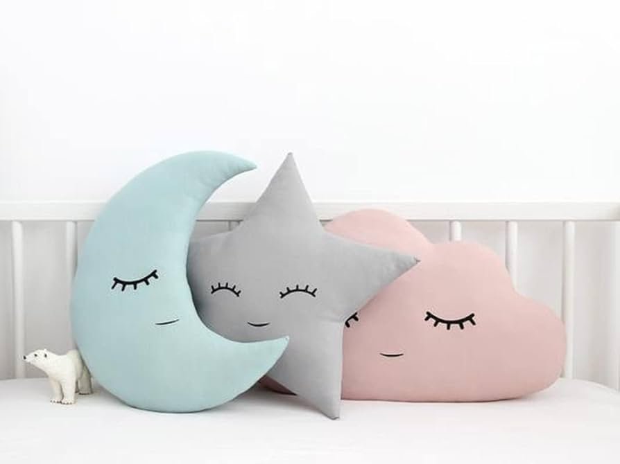 Velvet Cushion Set of 3 (16x16 Inch) ? Cloud, Moon & Star Shapes | Pink Blue Grey, Polyester Filled Bed Pillows