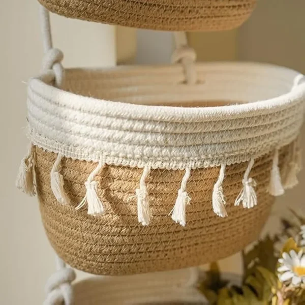 3-Tier Hanging Storage Baskets with Tassels | Cotton Rope Wall-Mounted Organizer | Natural & White | Bohemian Style