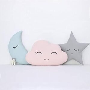 Velvet Cushion Set of 3 (16x16 Inch) ? Cloud, Moon & Star Shapes | Pink Blue Grey, Polyester Filled Bed Pillows