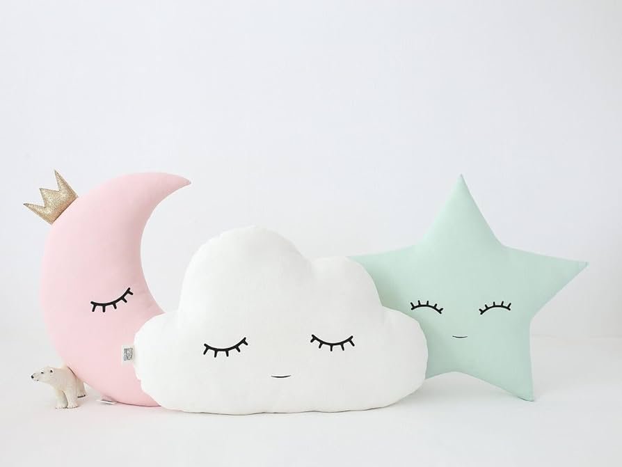 Velvet Baby Cushion Set of 3 ? Cloud, Moon & Star Shapes | Pink Green | Soft Polyester Filled Crib Cushions