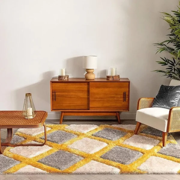 Geometric Yellow Shaggy Rug – Soft Fluffy Microfibre Carpet for Living Room, Bedroom & Home Office, 4x6 Feet