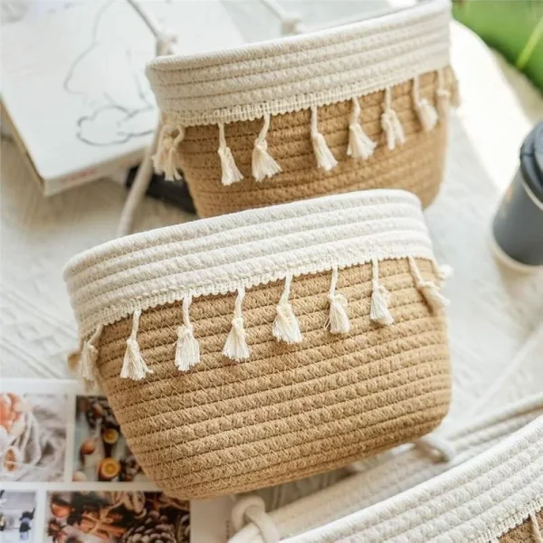 3-Tier Hanging Storage Baskets with Tassels | Cotton Rope Wall-Mounted Organizer | Natural & White | Bohemian Style