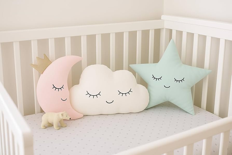 Velvet Baby Cushion Set of 3 ? Cloud, Moon & Star Shapes | Pink Green | Soft Polyester Filled Crib Cushions
