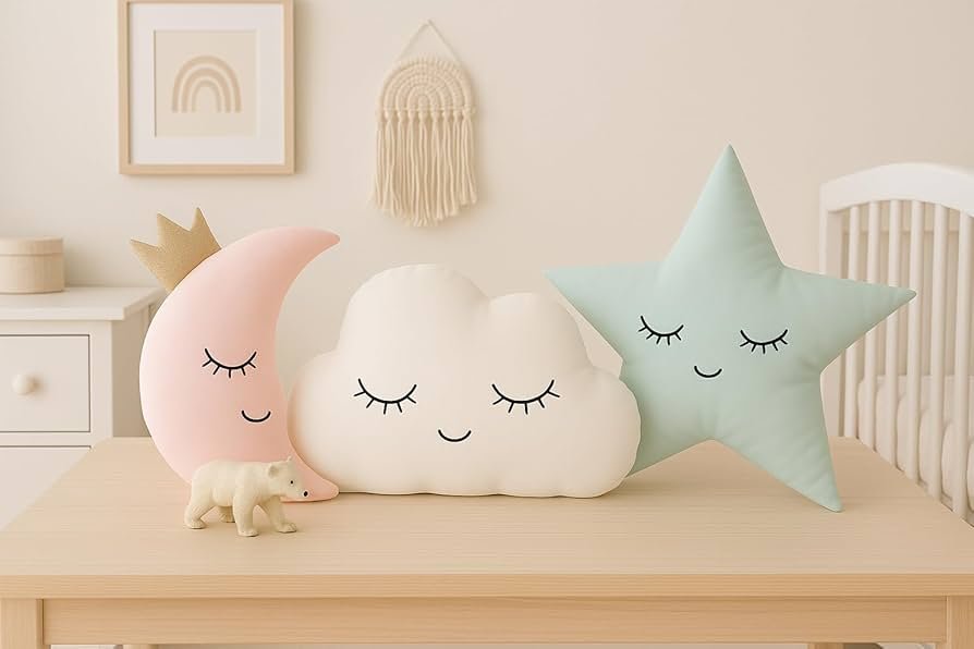 Velvet Baby Cushion Set of 3 ? Cloud, Moon & Star Shapes | Pink Green | Soft Polyester Filled Crib Cushions