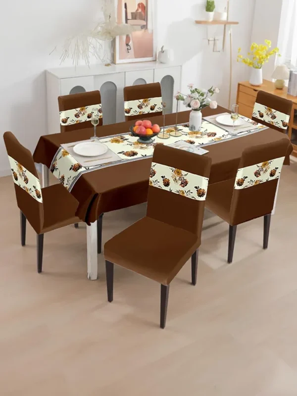 Brown PVC Waterproof Dining Table Cover with 6 Stretch Chair Covers – Dust & Oil Repellent