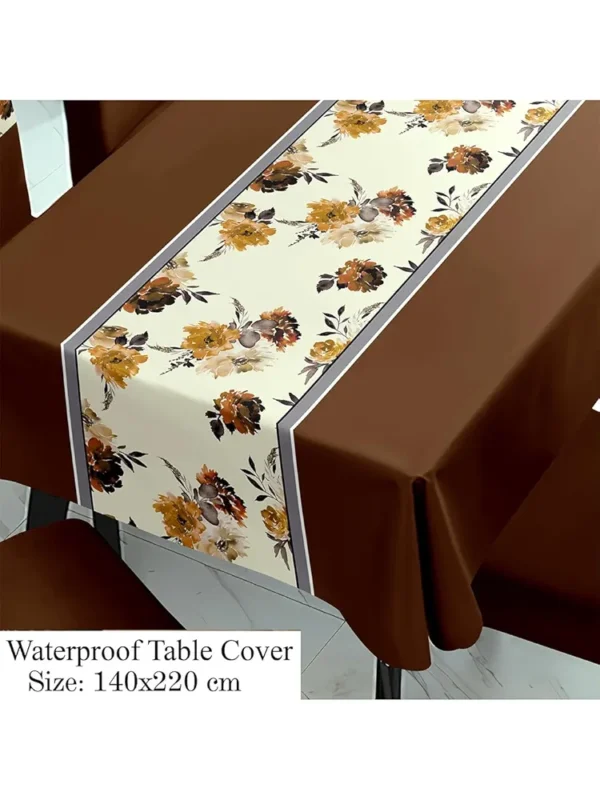 Brown PVC Waterproof Dining Table Cover with 6 Stretch Chair Covers – Dust & Oil Repellent