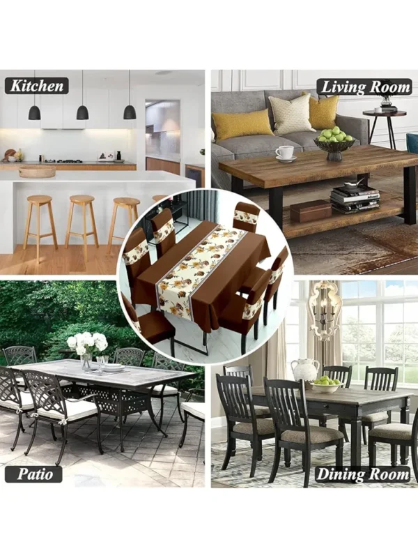 Brown PVC Waterproof Dining Table Cover with 6 Stretch Chair Covers – Dust & Oil Repellent