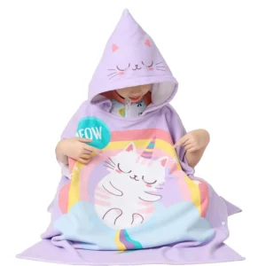 Poncho Towel for Kids | Hooded Micro-Fiber Bath Towels | 60 x 60cm Toddler Pool Towel for Boys & Girls, 1-7 Years (Purple Cat)
