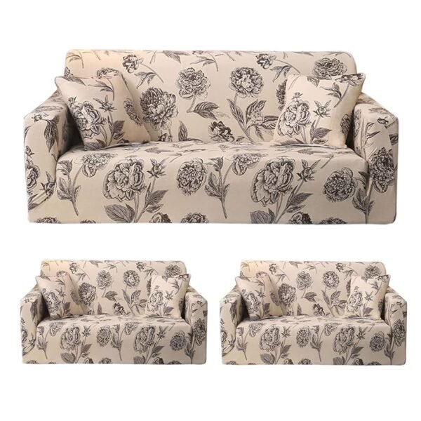 Cream Brown Flower Polyester Sofa Cover – Zipper Closure, Stretch Fit, Universal 3+1+1 Seater