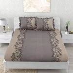 Elastic Fitted King Size Bedsheet with 2 Frill Pillow Covers – Coffee Floral Design | 300-350 TC Polycotton | Double Bed with All-Around Elastic