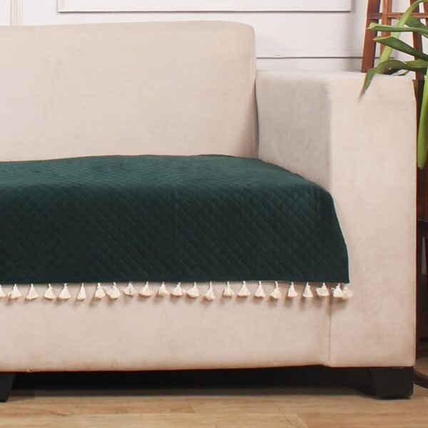 Green Quilted Velvet Sofa Cover – Washable, Tassels, Luxurious & Comfortable