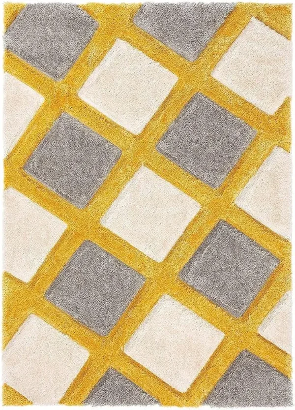 Geometric Yellow Shaggy Rug – Soft Fluffy Microfibre Carpet for Living Room, Bedroom & Home Office, 4x6 Feet