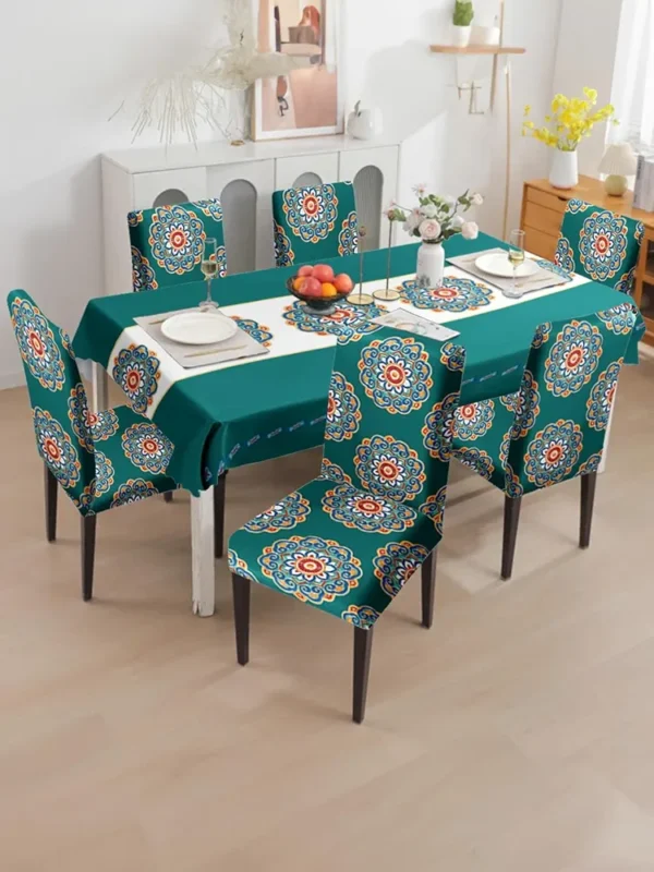 Dining Table & Chair Cover Set – Waterproof PVC Table Cloth with 6 Stretchy Chair Covers (Dark Green)