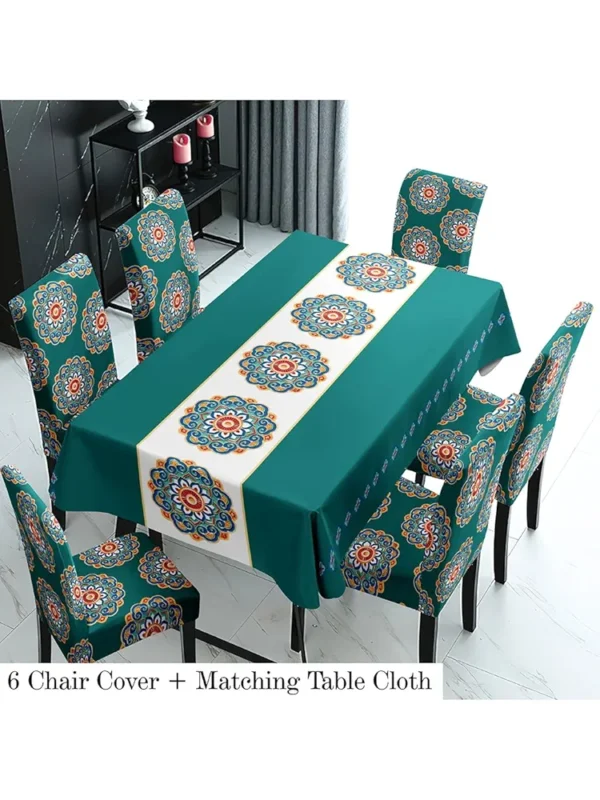 Dining Table & Chair Cover Set – Waterproof PVC Table Cloth with 6 Stretchy Chair Covers (Dark Green)