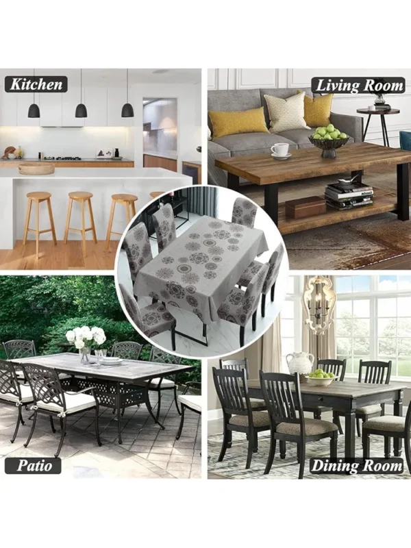 Dining Table & Chair Cover Set – Waterproof PVC Table Cloth with 6 Stretchy Chair Covers (Grey, Floral, 1 Table Cover + 6 Chair Covers)