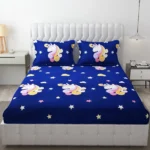 300 TC Glace Cotton Fitted Bedsheet – King Size 78x72 in | Dinosaur Cartoon Print in Blue | Wrinkle-Free with 2 Pillow Covers | Fits Mattress up to 8 Inch