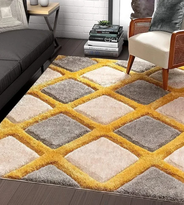 Geometric Yellow Shaggy Rug – Soft Fluffy Microfibre Carpet for Living Room, Bedroom & Home Office, 4x6 Feet