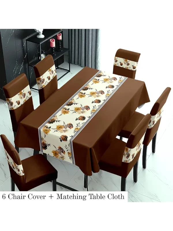 Brown PVC Waterproof Dining Table Cover with 6 Stretch Chair Covers – Dust & Oil Repellent