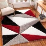 Geometric Red Shaggy Rug – Soft Fluffy Microfibre Carpet for Living Room, Bedroom & Home Office, 4x6 Feet