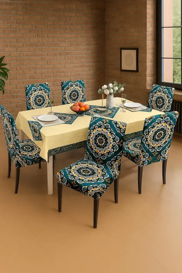 Dining Chair Covers with Waterproof PVC Table Cloth Set – Multicolor, 1 Table Cover + 6 Chair Covers