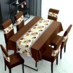 Brown PVC Waterproof Dining Table Cover with 6 Stretch Chair Covers – Dust & Oil Repellent
