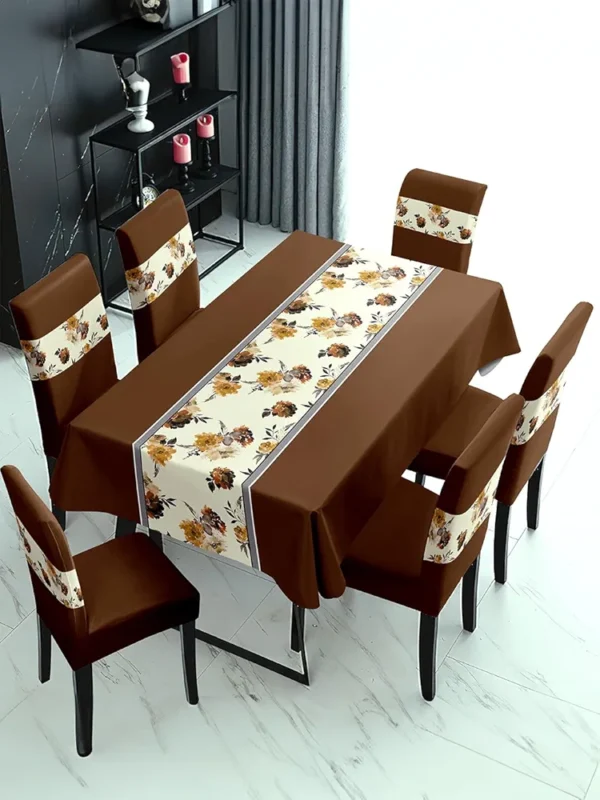 Brown PVC Waterproof Dining Table Cover with 6 Stretch Chair Covers – Dust & Oil Repellent