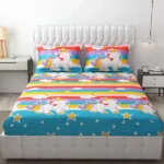 Glace Cotton Wrinkle-Free Kids Bedsheet | Cartoon Unicorn Print Double King Size (90x95 in) with 2 Pillow Covers – Multicolor, 144 TC