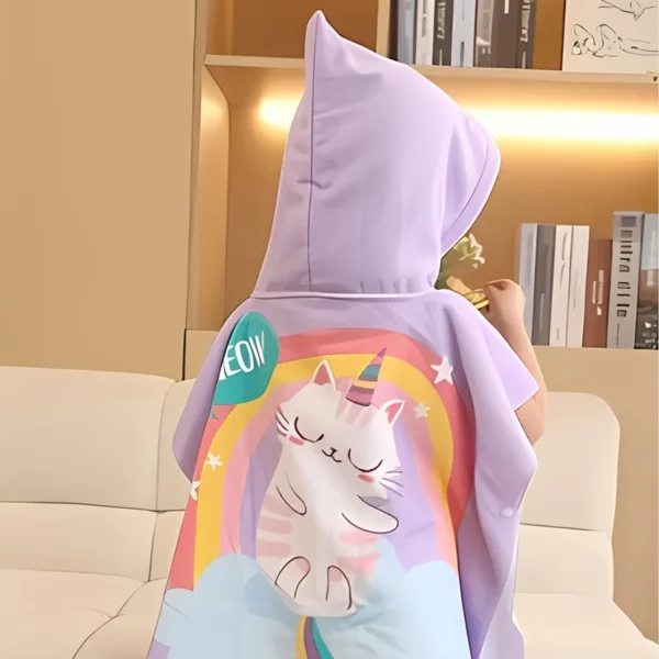 Poncho Towel for Kids | Hooded Micro-Fiber Bath Towels | 60 x 60cm Toddler Pool Towel for Boys & Girls, 1-7 Years (Purple Cat)