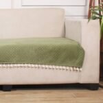 Olive Quilted Velvet Sofa Cover ? Washable, Tassels, Luxurious & Comfortable