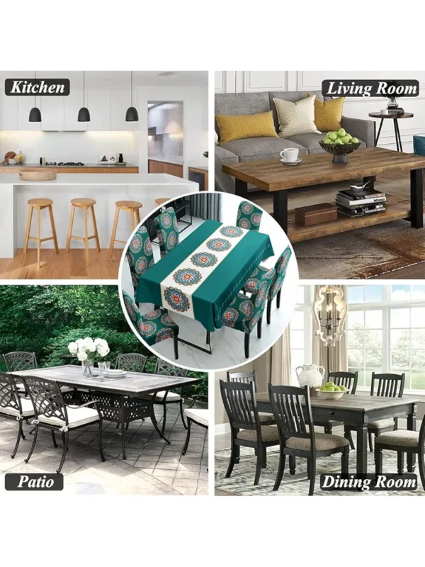 Dining Table & Chair Cover Set – Waterproof PVC Table Cloth with 6 Stretchy Chair Covers (Dark Green)