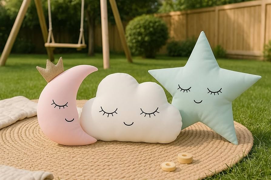 Velvet Baby Cushion Set of 3 ? Cloud, Moon & Star Shapes | Pink Green | Soft Polyester Filled Crib Cushions