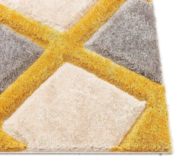 Geometric Yellow Shaggy Rug – Soft Fluffy Microfibre Carpet for Living Room, Bedroom & Home Office, 4x6 Feet