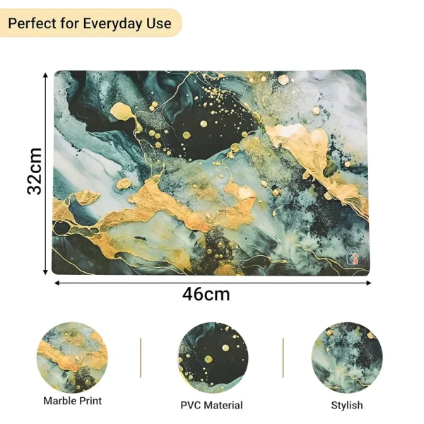 12-Piece Wipeable & Reusable PVC Placemats | Marble Print Sea Green & Yellow | Dining Table Food Mats for Home & Kitchen