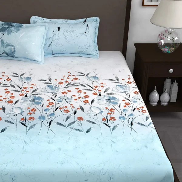 240 TC Cotton Bedsheet for King Size Bed – Sky Blue Floral Print | 1 Bedsheet with 2 King Pillow Covers (270 x 270 cm) | Soft & Durable