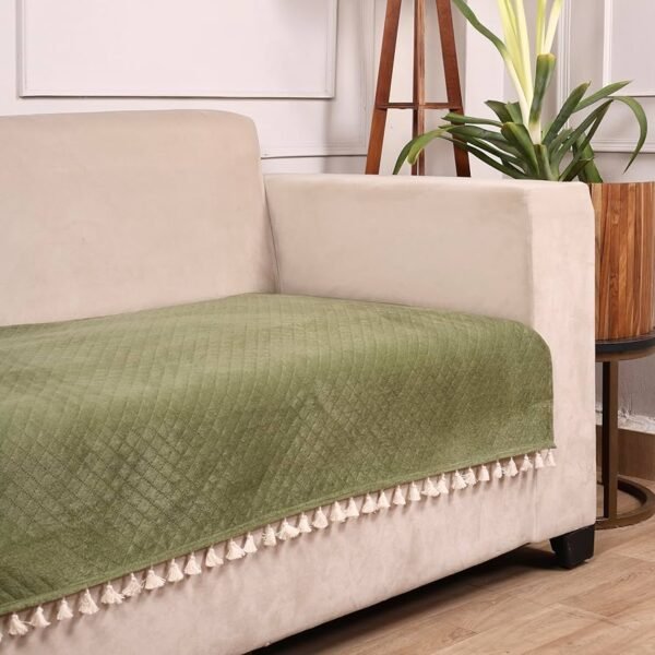 Olive Quilted Velvet Sofa Cover – Washable, Tassels, Luxurious & Comfortable